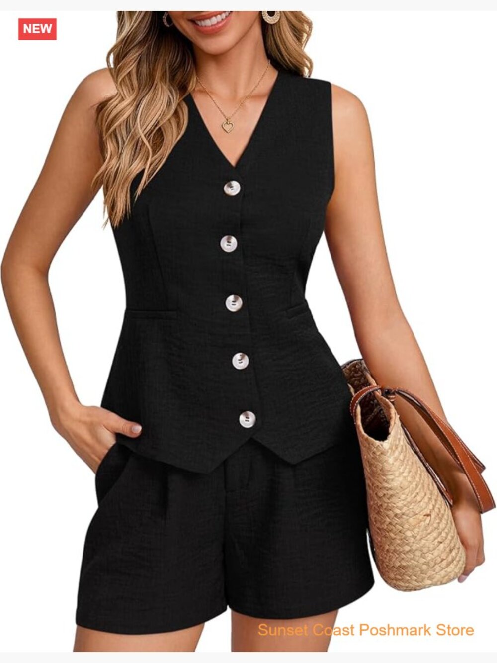 Women's 2 Piece Summer Outfit Sleeveless Button Down Vest and Shorts Matching